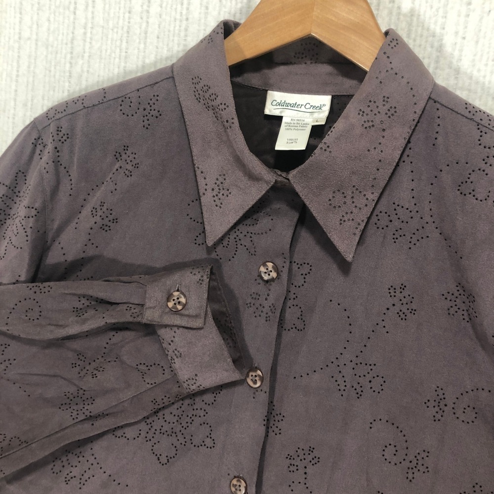Coldwater Creek‎ Womens Brown Perforated Floral Button Down Shirt Top Size L